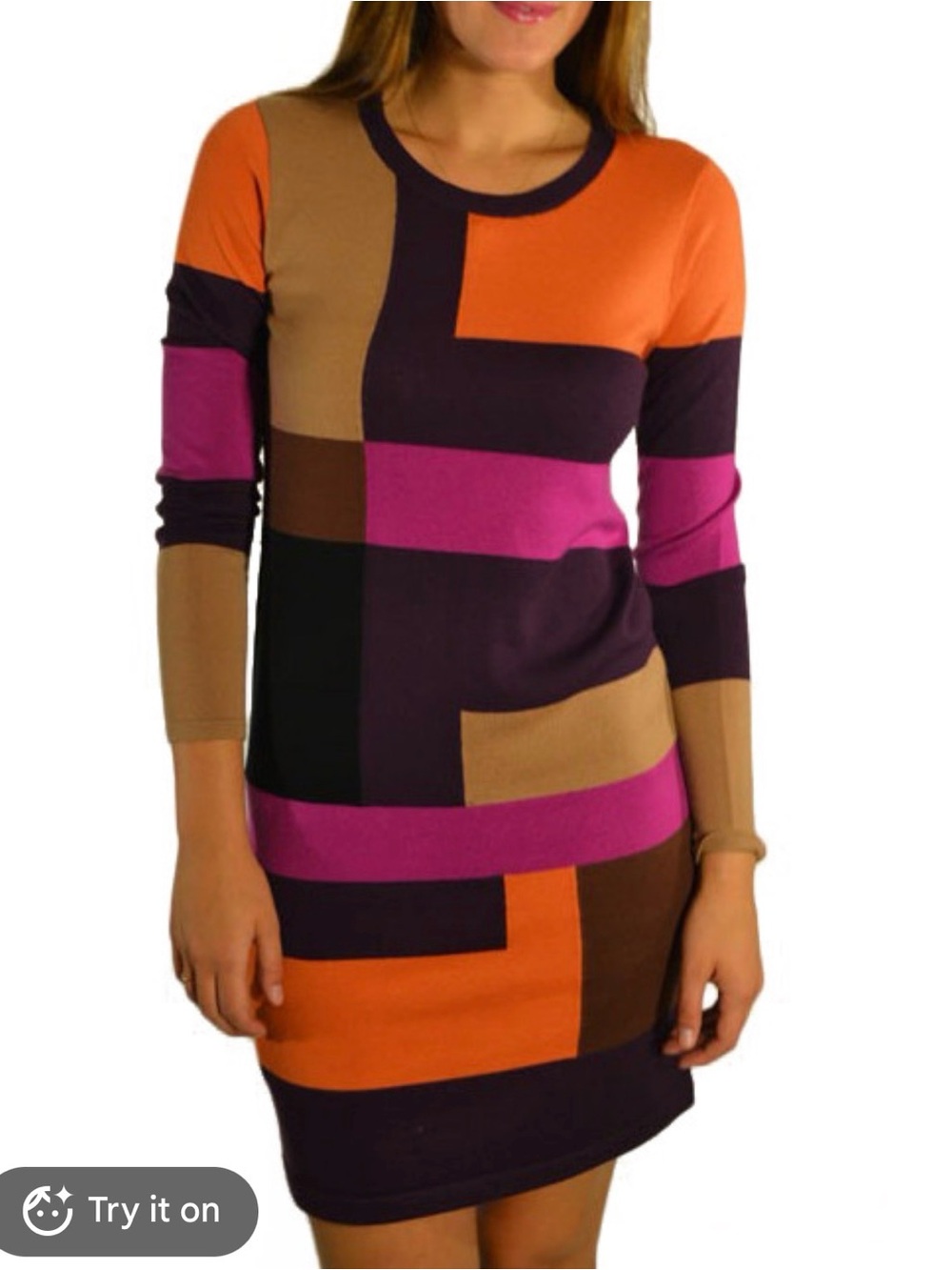 BCBG Max Azria Colorblock Long-Sleeve Knit Dress - Orange, Pink, Brown,large,woo